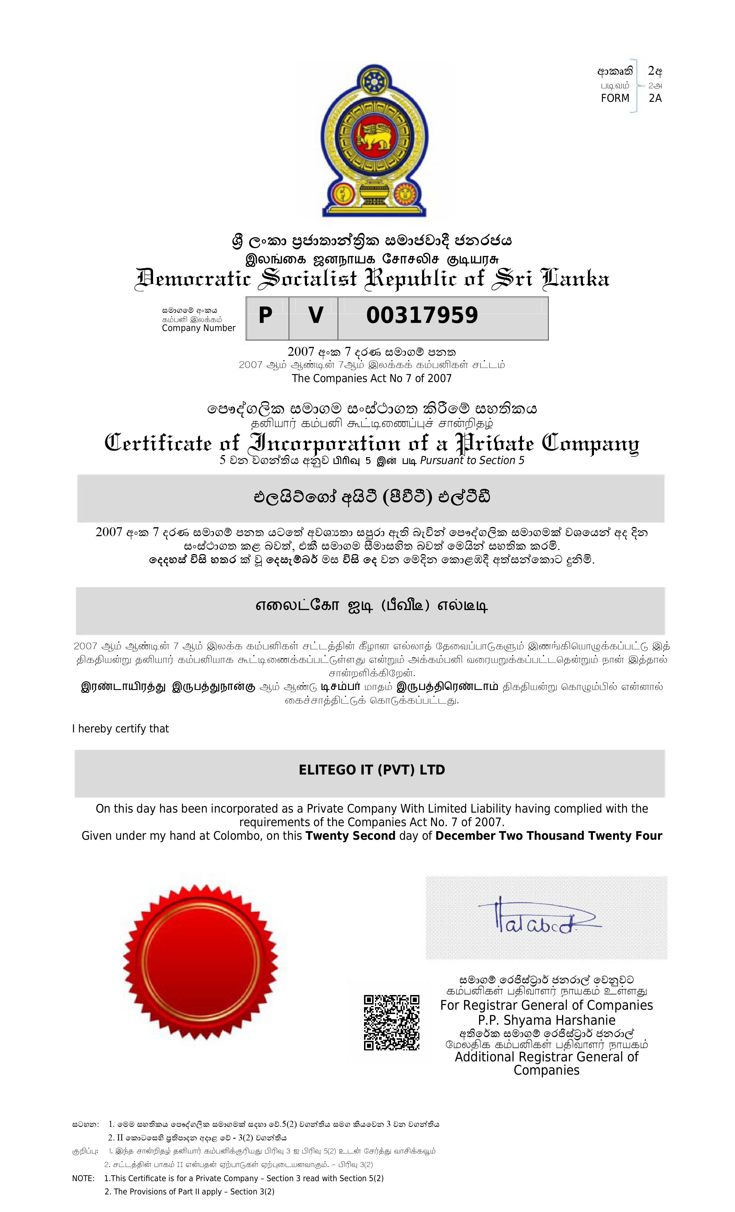 EliteGo IT Registration Certificate